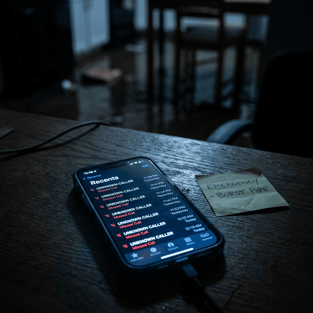 A smartphone on a dark desk at night showing 7 missed calls from UNKNOWN CALLER with timestamps from 11:38 PM to 12:14 AM. A crumpled sticky note reads EMERGENCY - BURST PIPE. The screen glow is the only light in the room. Every unanswered call is revenue walking out the door.