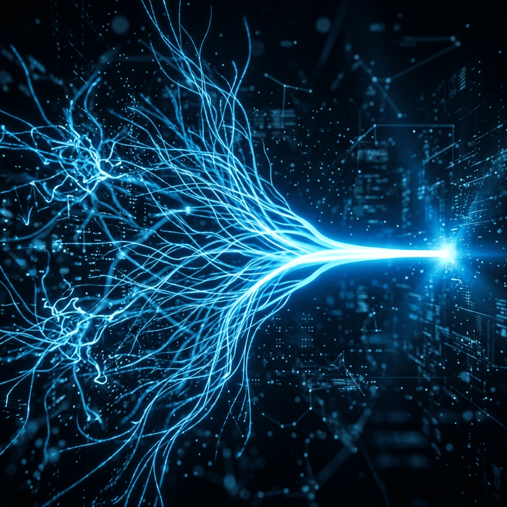 Abstract blue data root system parsing complex diagnostic symptoms into a singular illuminated solution pathway.