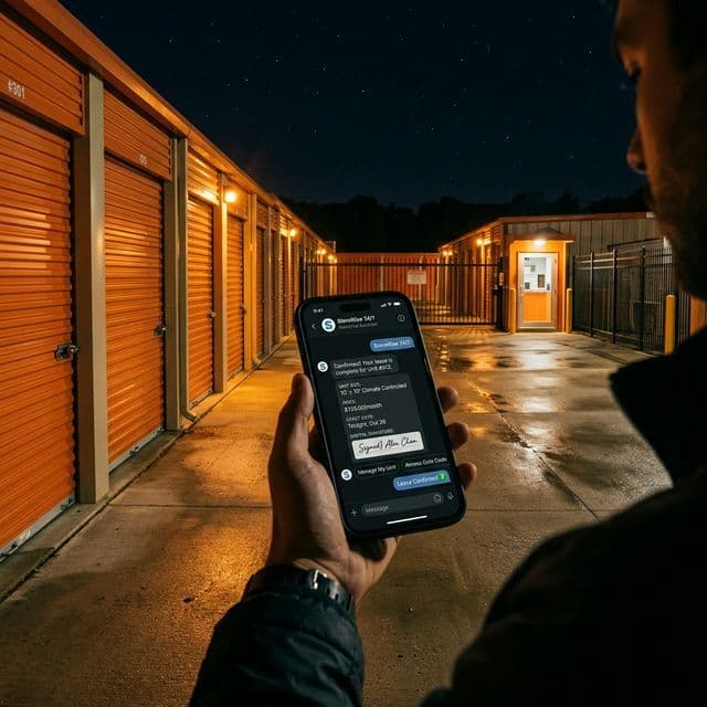 Man holding a smartphone at a self-storage facility at night completing a unit lease digitally through an AI interface, with rows of orange storage unit doors visible.