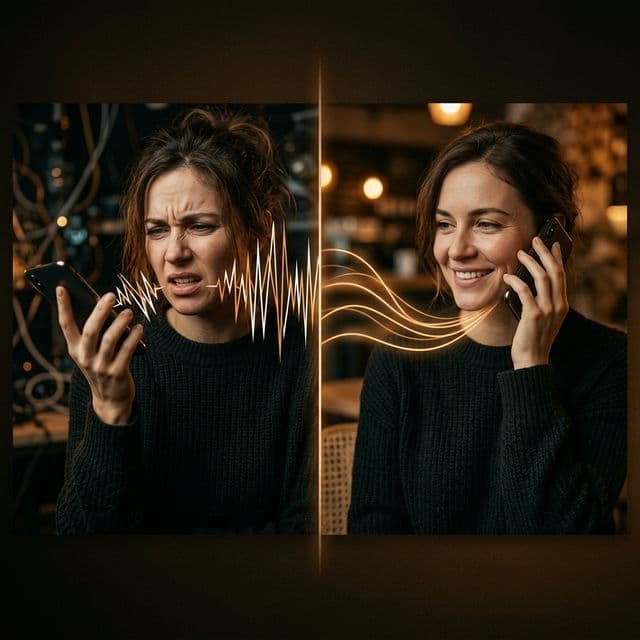 Split image of a woman grimacing and holding her phone away from her ear on the left side, then relaxed and smiling on the right side, illustrating the contrast between a robotic AI voice and a brand-empathetic conversational AI.