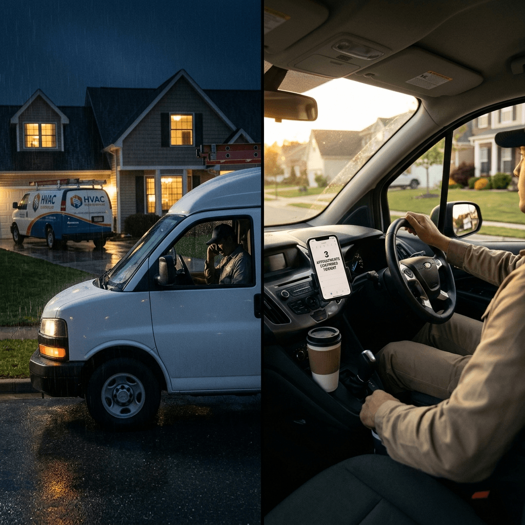 Split scene: LEFT — HVAC van parked outside a house at night in the rain, driver frustrated on phone as a competitor van sits in the driveway of the house ahead. RIGHT — same HVAC van moving confidently at golden hour, dashboard phone showing 3 Appointments Confirmed Tonight, coffee cup in holder. Same truck, two different outcomes based on systems.