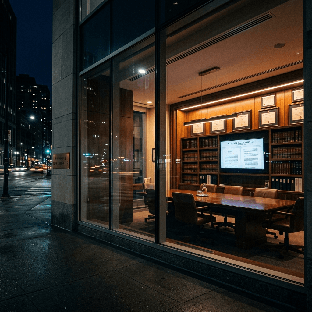 Cinematic dark editorial photograph. A premium US law firm office at night, shot from outside through tall glass windows on a city street.