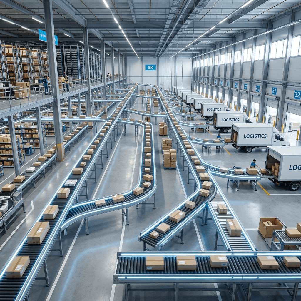 Cinematic visual of a pristine brightly lit logistics warehouse operating at peak dispatch efficiency.