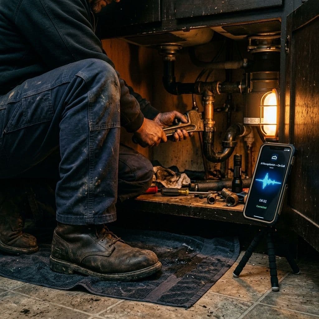 Solo plumber under a sink with a wrench while an AI receptionist handles a call on his phone — every lead answered while he works