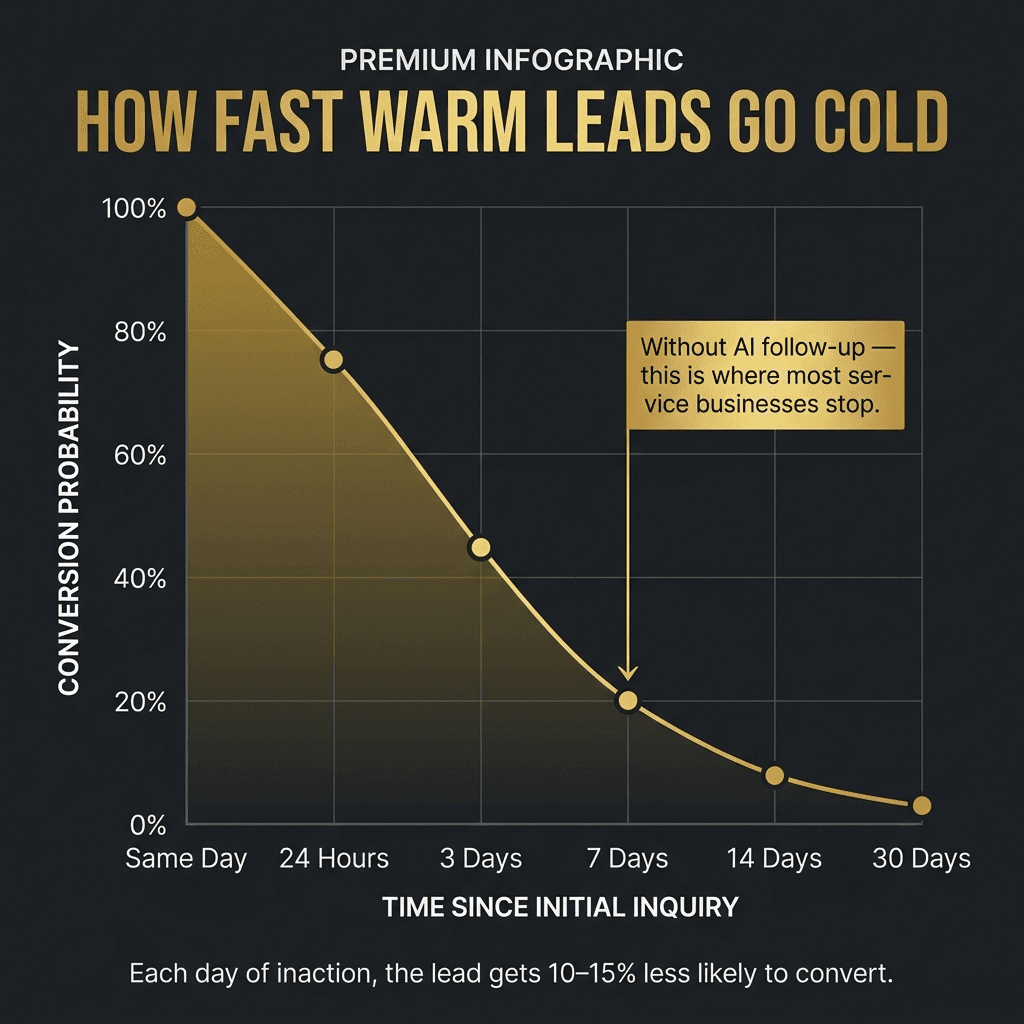 How Fast Warm Leads Go Cold — a downward-sloping gold curve on dark charcoal grid. X-axis: Time Since Initial Inquiry with markers at Same Day, 24 Hours, 3 Days, 7 Days, 14 Days, 30 Days. Y-axis: Conversion Probability from 100% down to 3%. Gold dots at each marker. At 7 Days, an annotation arrow to a gold box reads: Without AI follow-up — this is where most service businesses stop. Caption: Each day of inaction, the lead gets 10-15% less likely to convert.