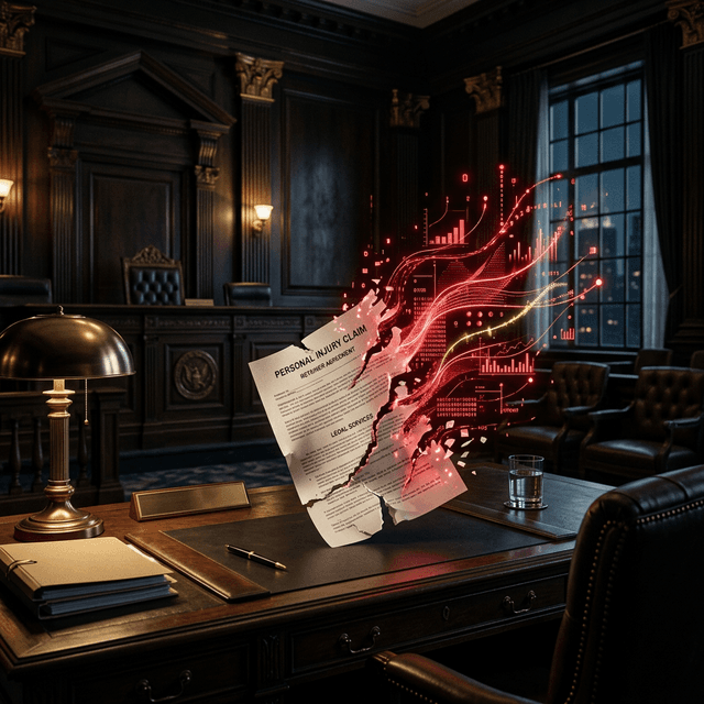 Personal injury claim document disintegrating into red revenue loss data streams in a dark law office, representing intake script failures