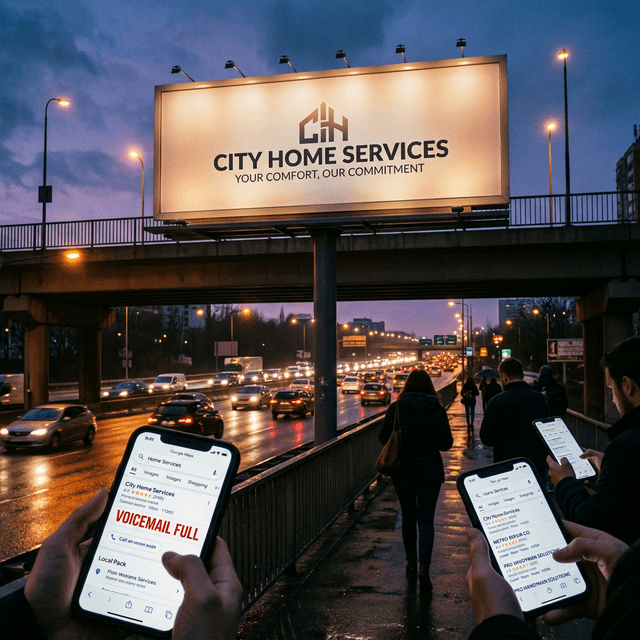Home service company billboard glowing above a highway overpass at dusk while multiple consumer smartphones below show a voicemail full message and competitor listings in the Google local pack.