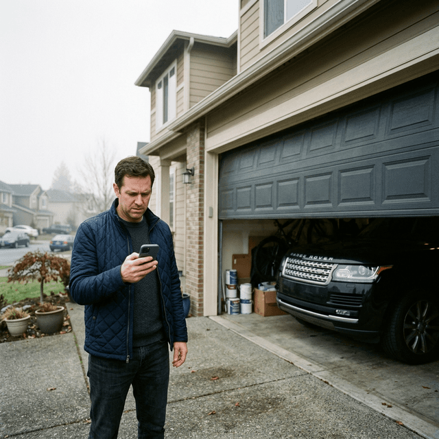 An angry homeowner standing in the driveway holding a smartphone, looking stressed while scrolling local search results, with a garage door stuck halfway open revealing a trapped SUV.
