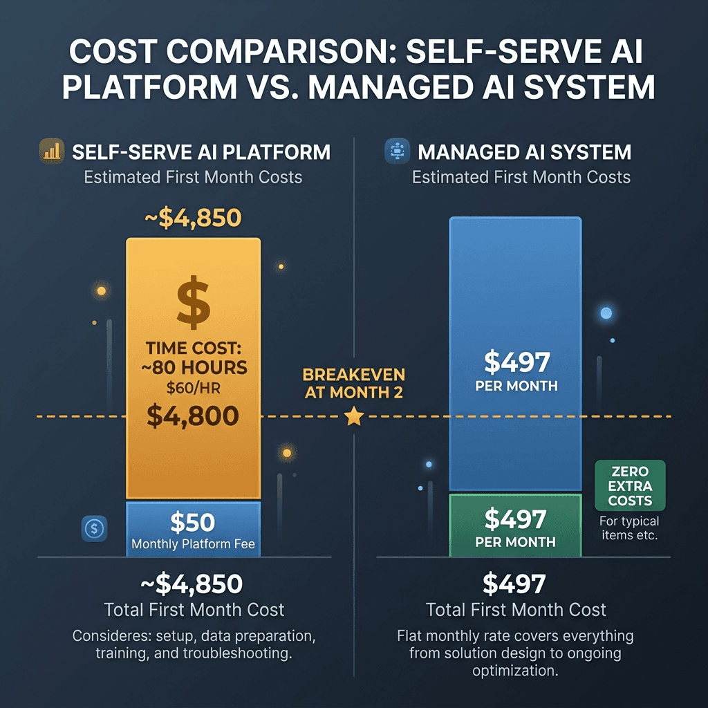 AI receptionist cost comparison: self-serve vs managed system including hidden time costs