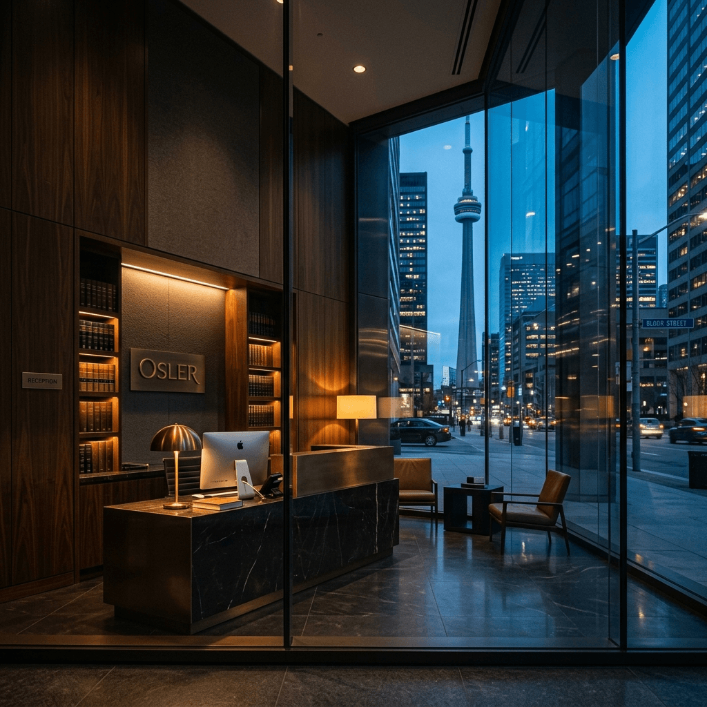 Cinematic dark editorial photograph. A premium Toronto law firm reception area at dusk with Bay Street high-rises visible through the glass.