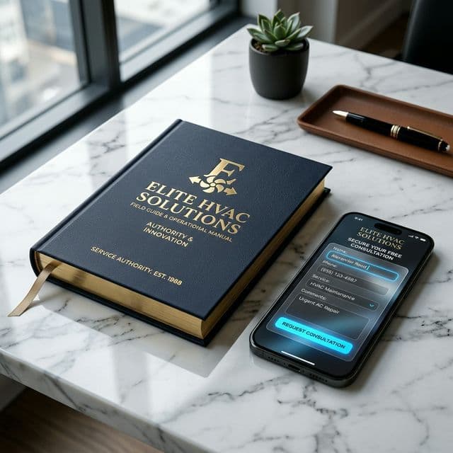 A premium authority book/field guide for a service business lying on a marble desk, with a smartphone nearby showing a high-converting lead capture form.