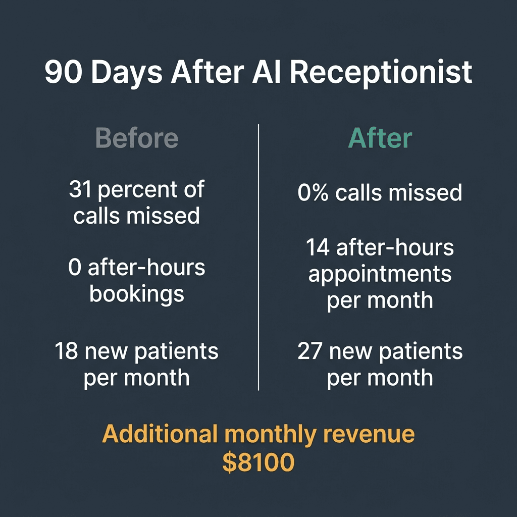 90-day before and after results for a dental practice using an AI receptionist: calls missed, after-hours bookings, and new patients per month