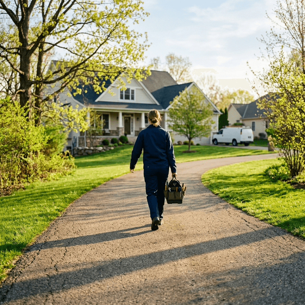 Home services technician in clean dark uniform walking up a residential driveway toward a house in early spring, fresh green grass and first leaves of the season, warm golden morning light casting long shadows