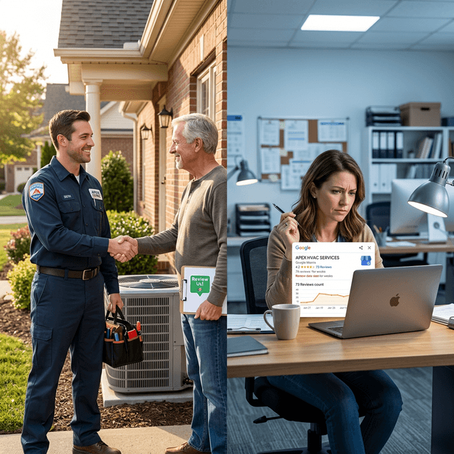 Split scene: HVAC technician shaking hands with homeowner at a job site next to a Review Us placard on the left, and a frustrated business owner at a desk staring at a Google Business Profile showing stalled review count on the right