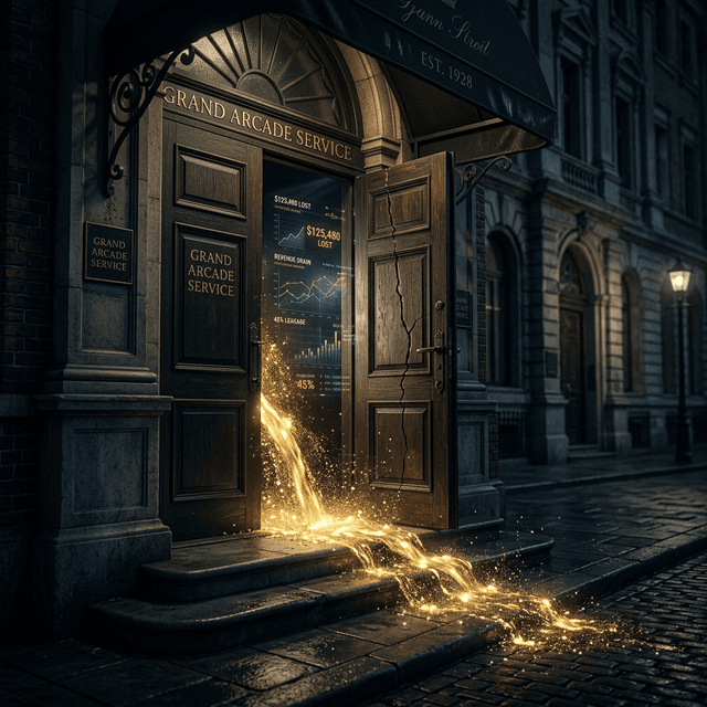 Gold revenue streams leaking from a grand business front door at night, representing the front door revenue problem for service businesses