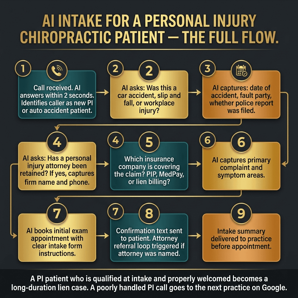 Premium dark chiropractic PI intake flow infographic showing eight steps for capturing auto accident patients
