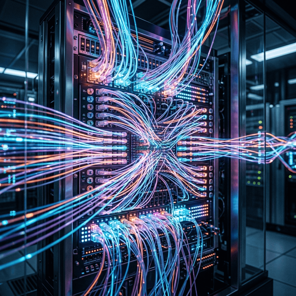 Cinematic image of a modern neon switchboard instantly routing thousands of glowing data streams representing infinite concurrent AI call handling.