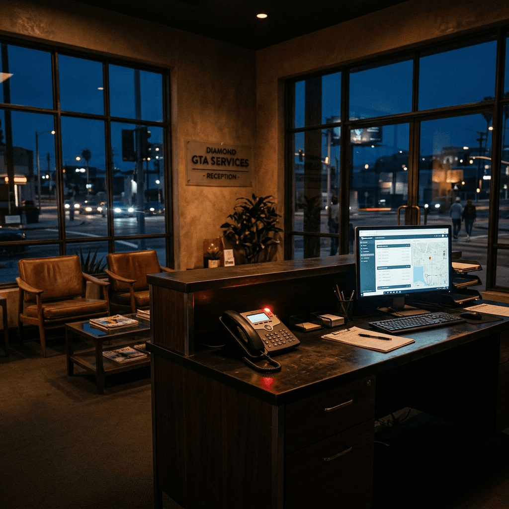 GTA service business reception desk at dusk — empty chair, glowing phone and monitor, the moment a call goes unanswered after hours