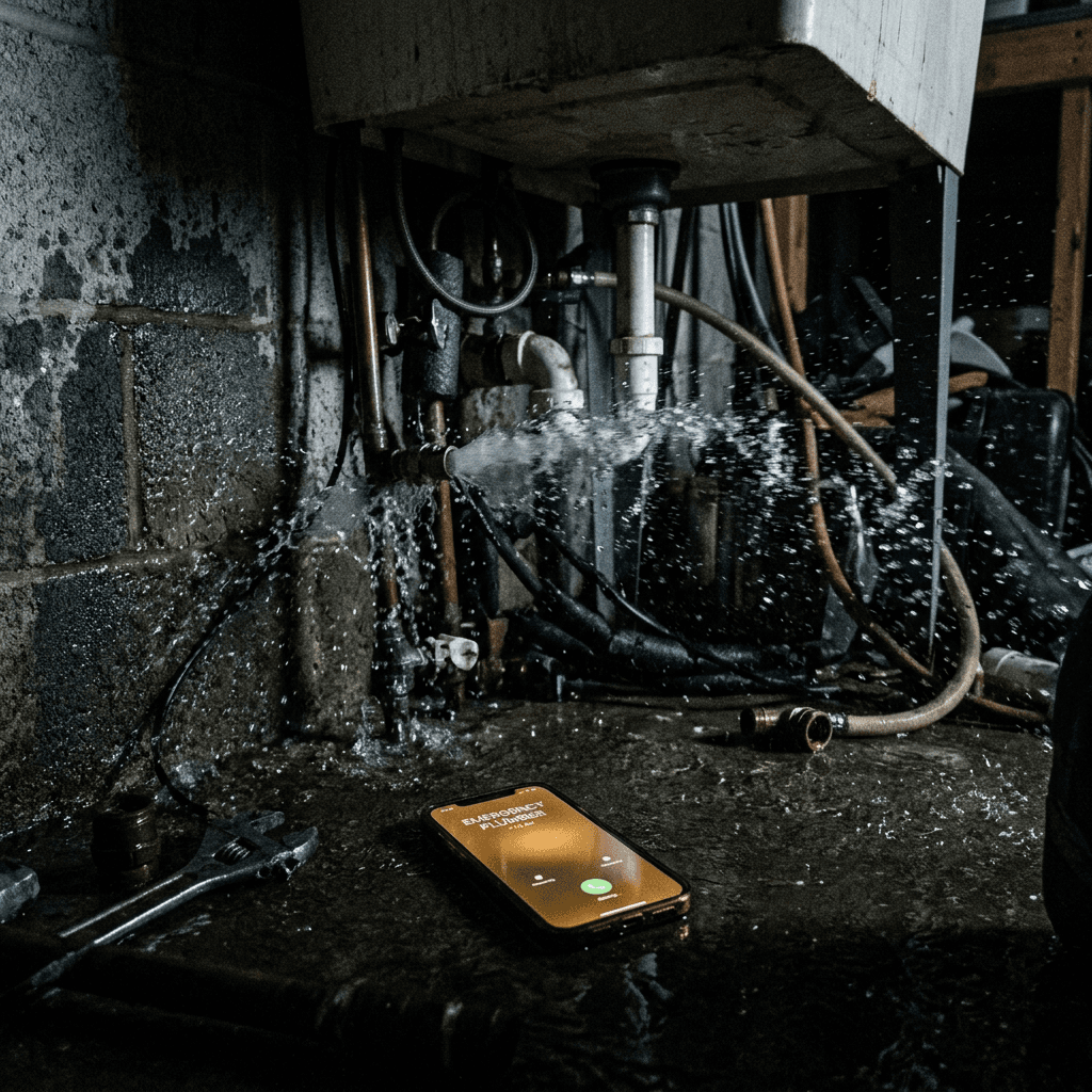 Burst pipe spraying water in a basement utility room at 7:12 AM Saturday — phone on the floor showing a call to Emergency Plumber, the highest-ROI moment in plumbing