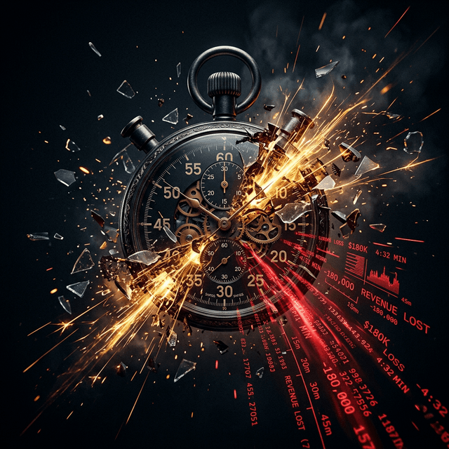 Digital stopwatch exploding with gold data streams representing the 5-minute speed-to-lead window for service businesses