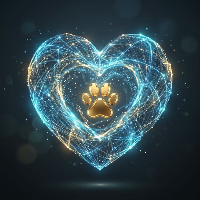 Abstract visualization of a glowing heart cradling a gold paw print