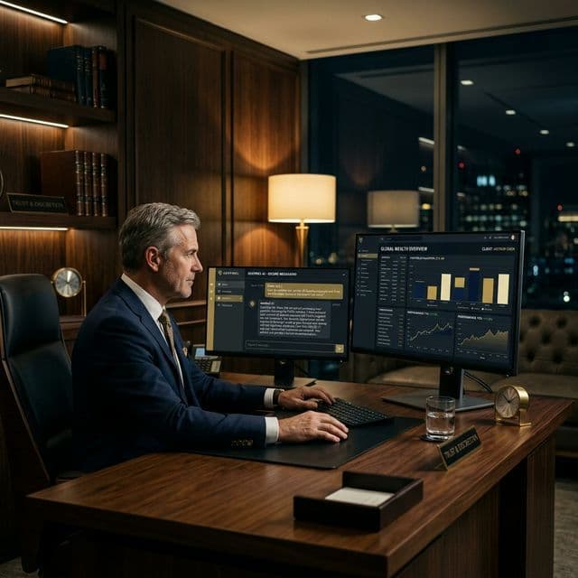 Wealth management advisor at a premium dark-wood office desk with dual monitors showing portfolio dashboards and an AI intake interface handling a prospective client inquiry with professional discretion.