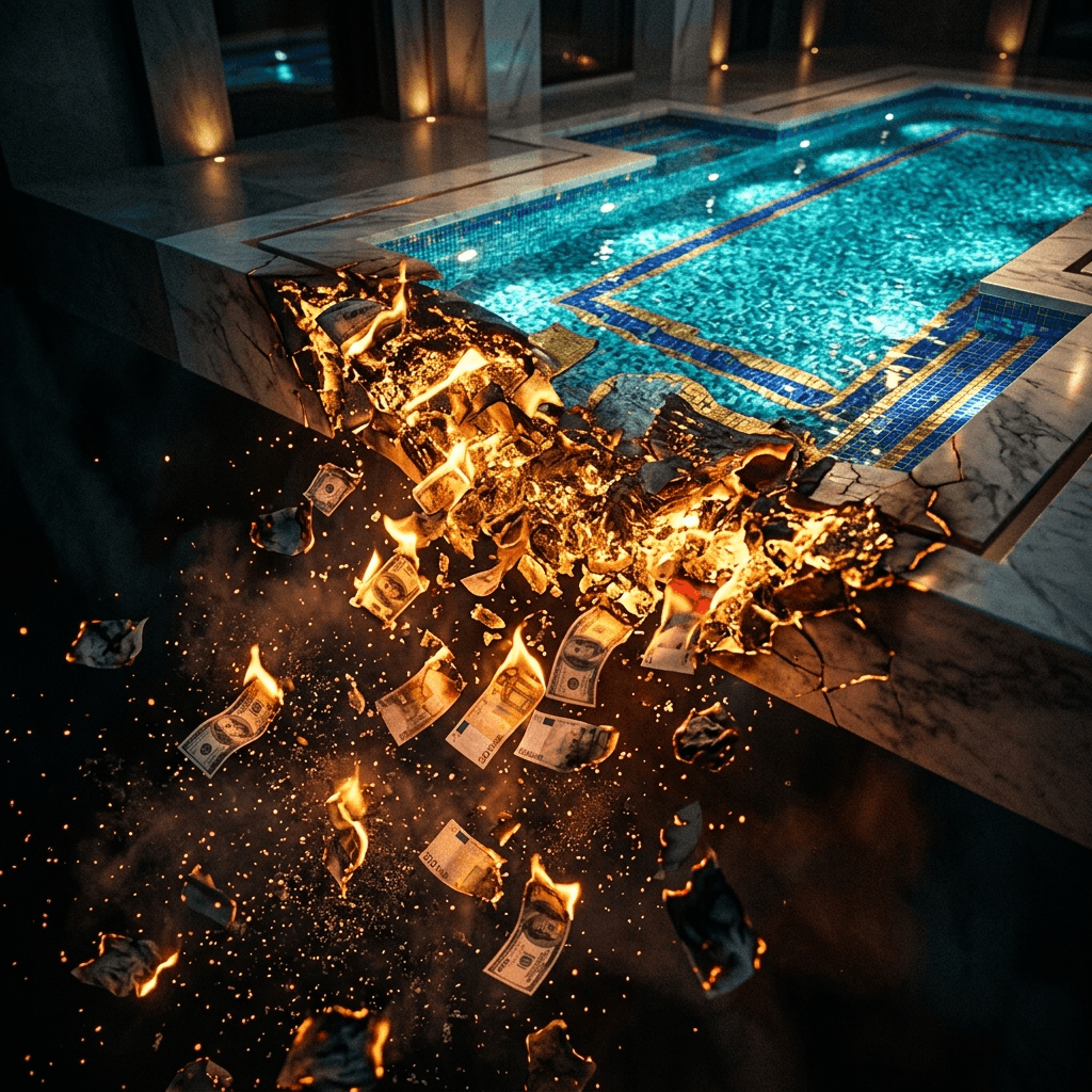 Cinematic abstract render of a hyper-luxury swimming pool dissolving directly into burning, golden cinders and floating high-value currency.