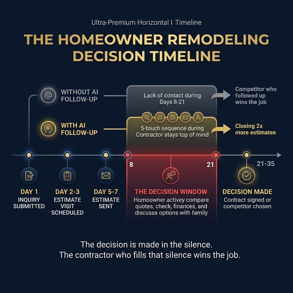 The Homeowner Remodeling Decision Timeline - horizontal chart showing the 21-day decision window where AI follow-up wins