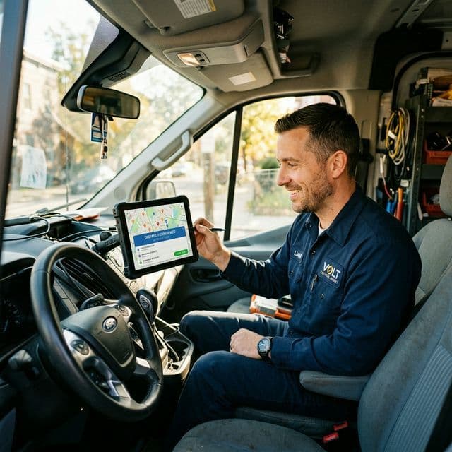 Natural photo of an electrician using a dispatch tablet in his truck