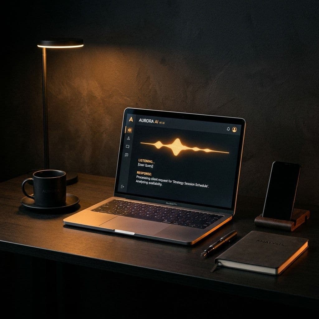 Dark-mode desk with AI voice system interface on MacBook — buyer evaluating AI receptionist tools for their service business