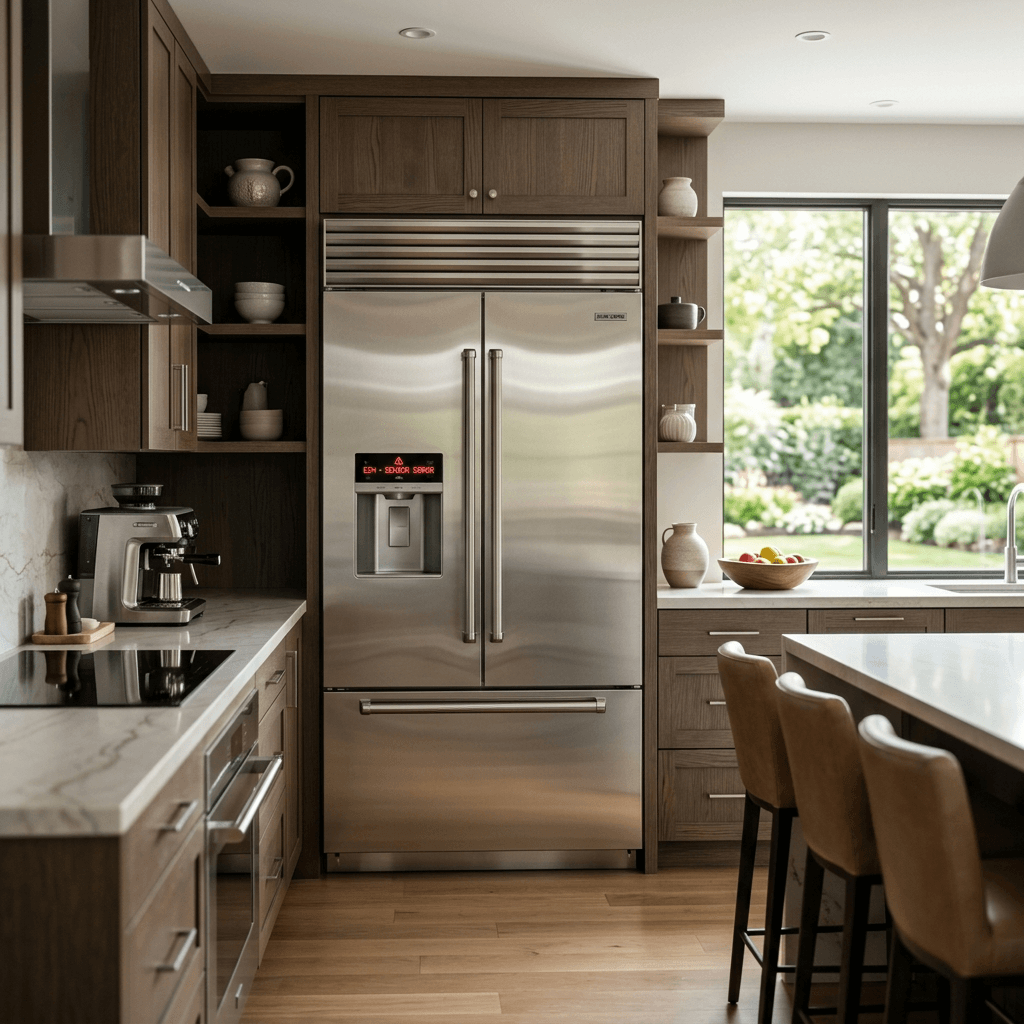 Cinematic visual of a broken premium stainless steel refrigerator in a luxury kitchen.