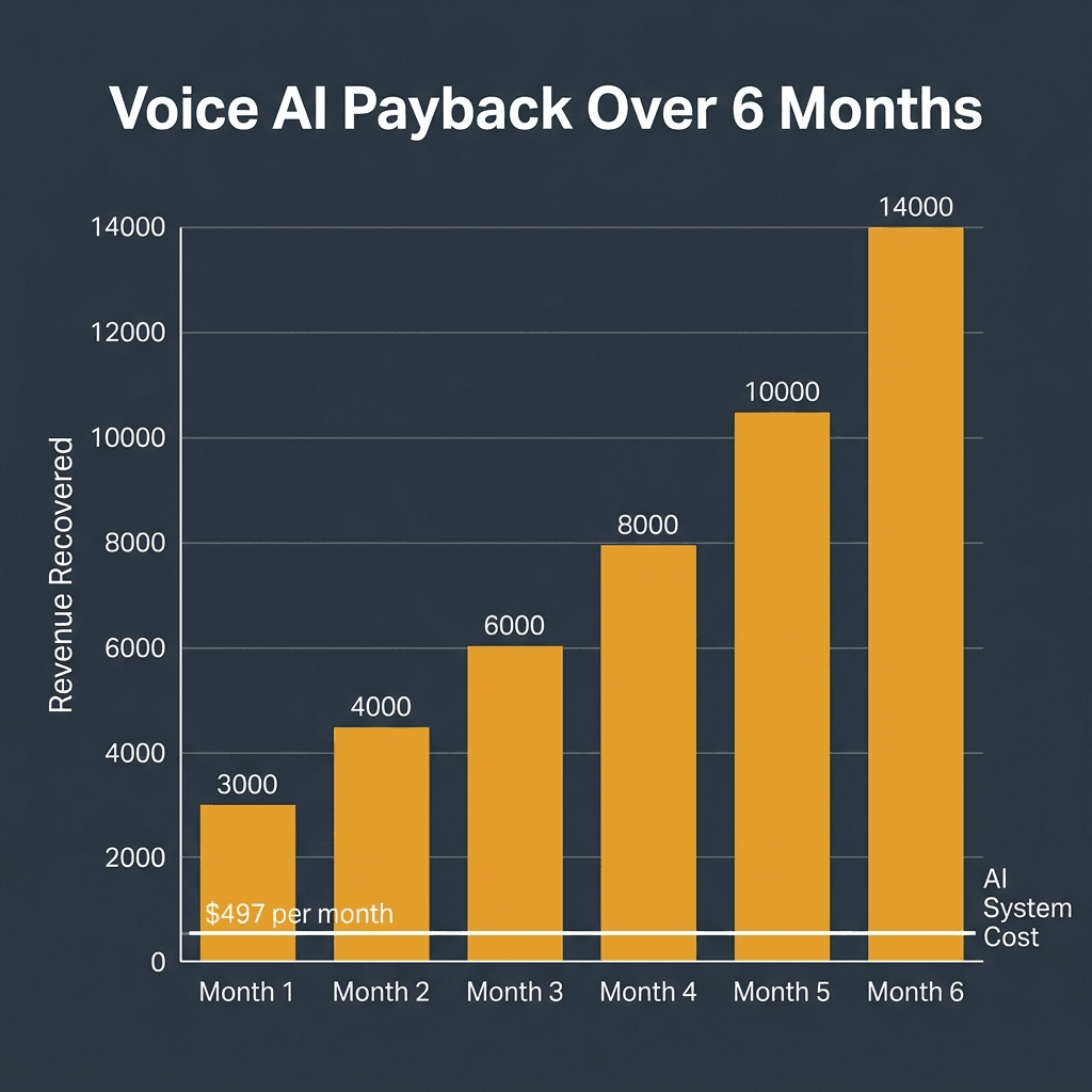 Voice AI 6-month payback chart for trades businesses: cumulative revenue recovered vs flat monthly system cost