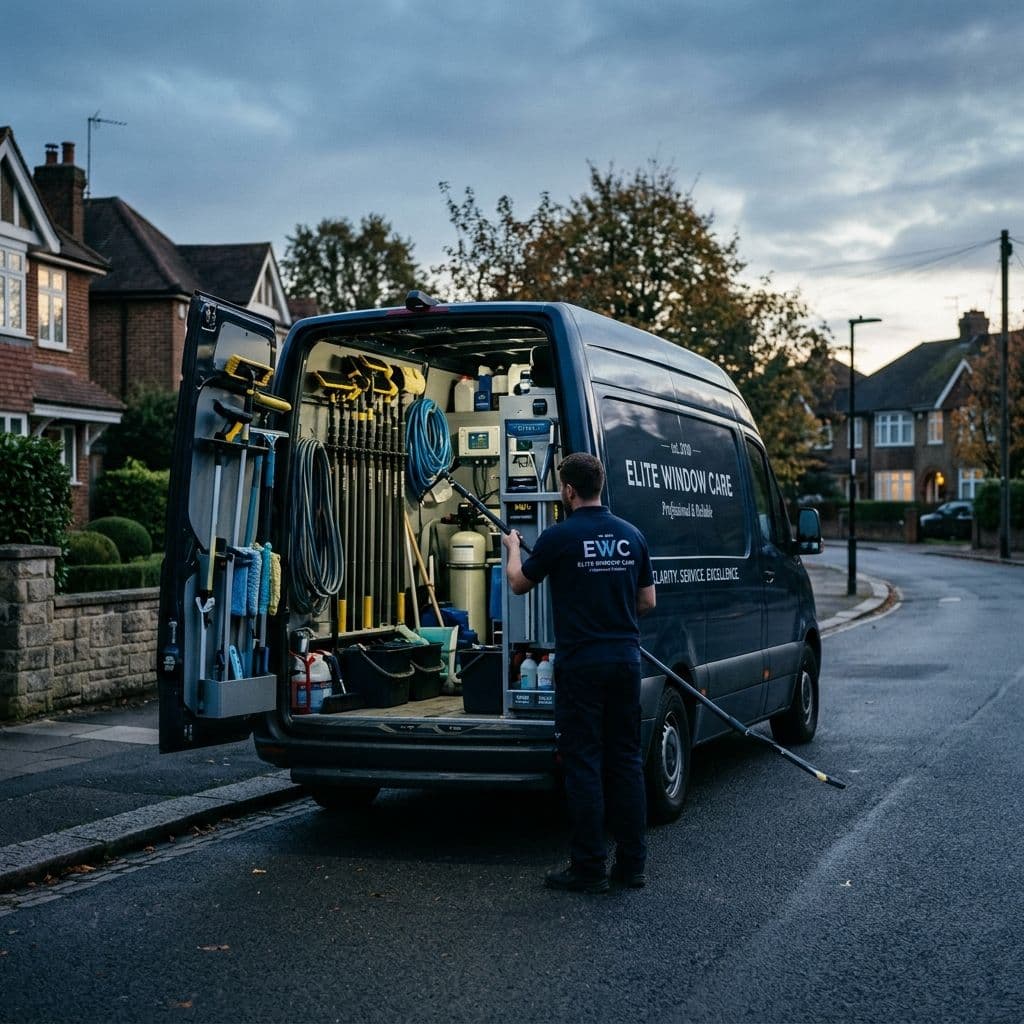 Window cleaning company van with squeegees and water-fed poles organized inside on a suburban street at dawn