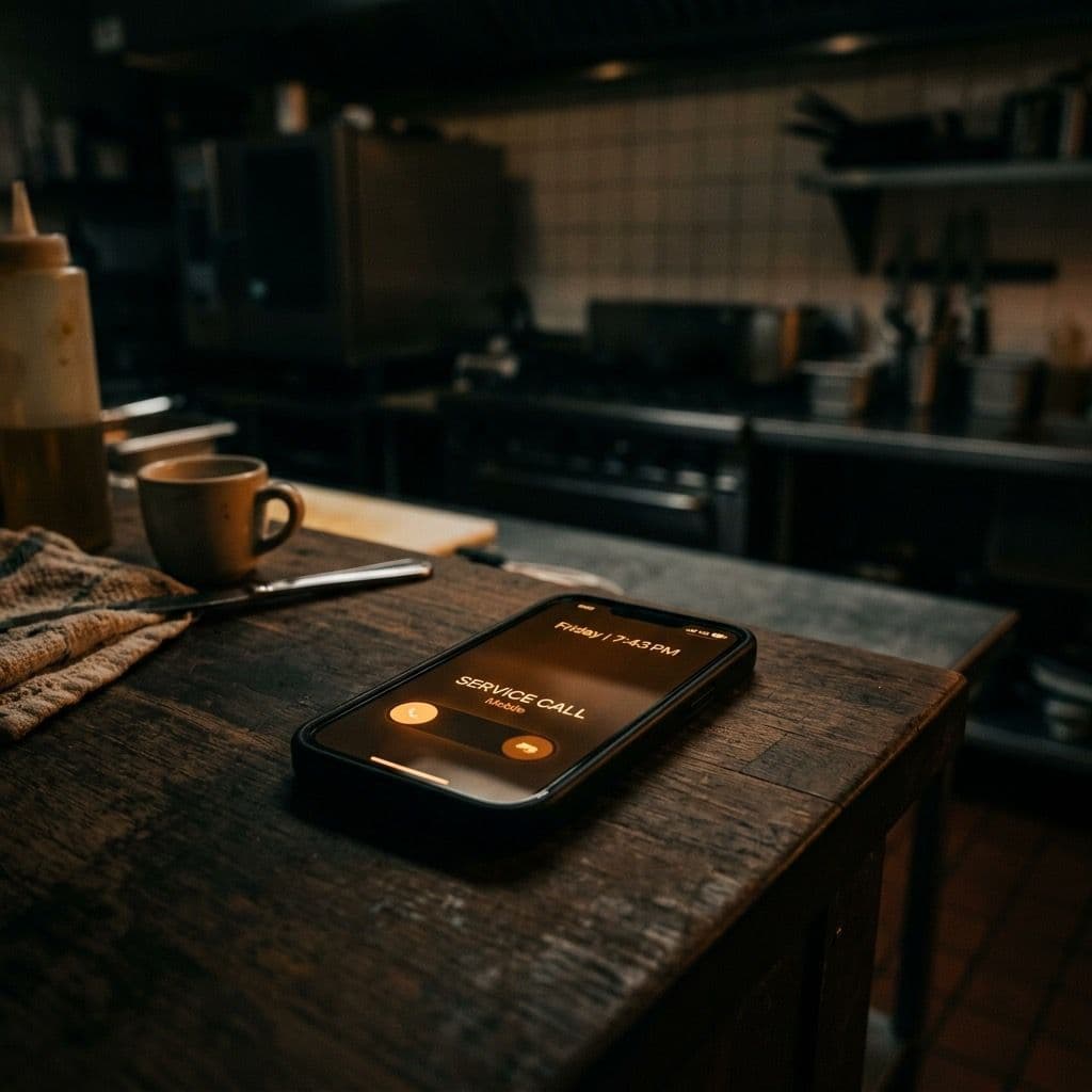 Phone on a kitchen counter Friday 7:43 PM showing an incoming service call — the moment most service businesses lose their highest-intent leads