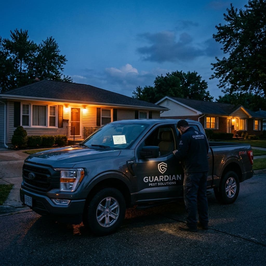 Professional pest control company branded truck parked outside a suburban home at dusk, amber porch light glowing, route tablet visible in cab