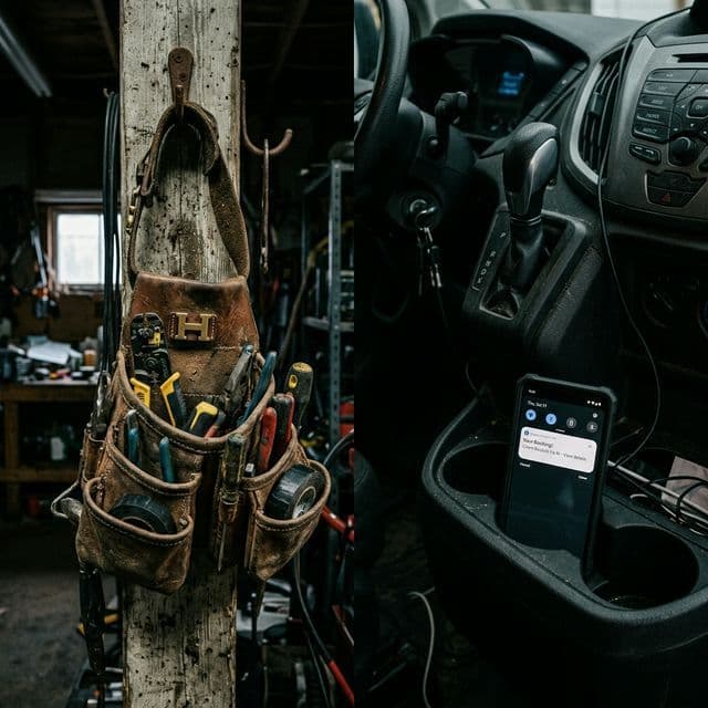 The Modern Electrician: A tool belt beside a smartphone receiving an AI booking notification.