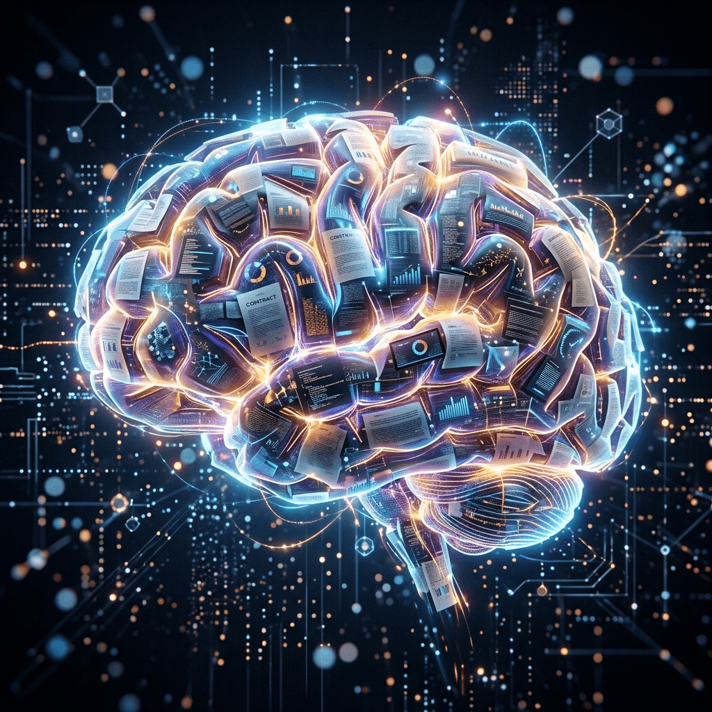 Cinematic abstract render of a glowing digital brain composed of organized business documents representing AI data processing.