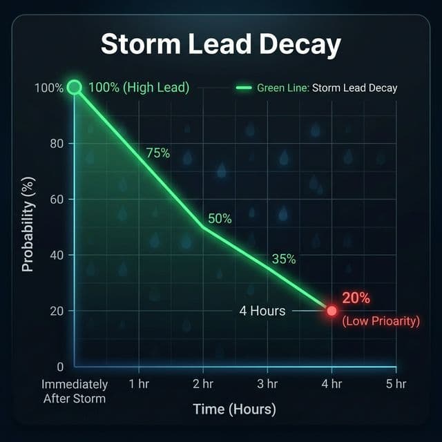 Technical chart showing lead conversion decay in the hours following a storm