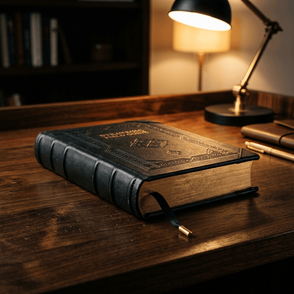 High-fidelity cinematic close-up of a thick, beautifully bound, matte black strategic field guide resting on a dark luxury wood desk.