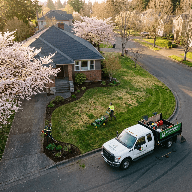 An aerial view of a two-person landscaping crew working a residential lawn in early spring, cherry blossoms visible, branded truck parked out front, warm morning light