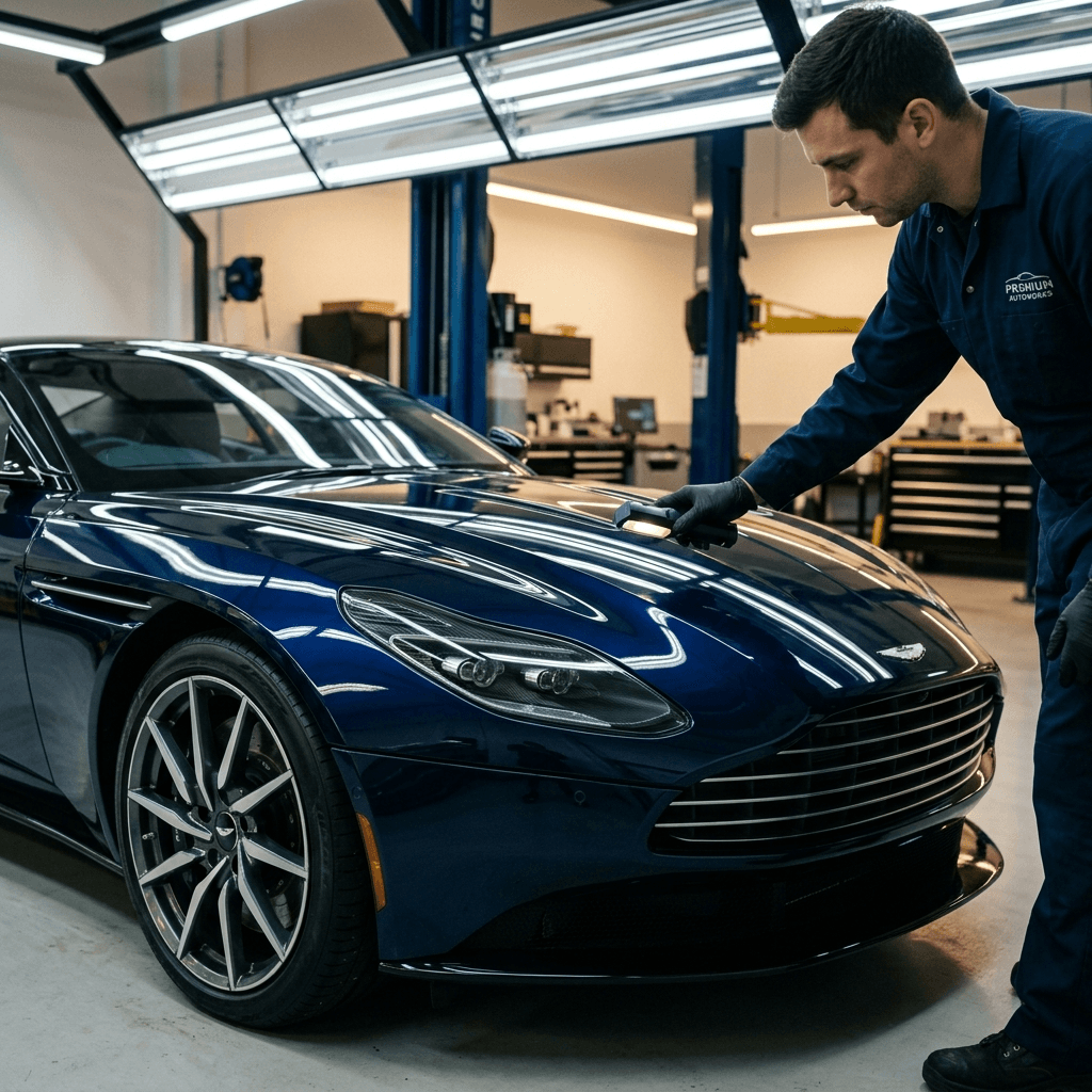 Cinematic close up of a pristine perfectly repaired premium luxury car glowing under inspection lights representing perfectly secured premium jobs.