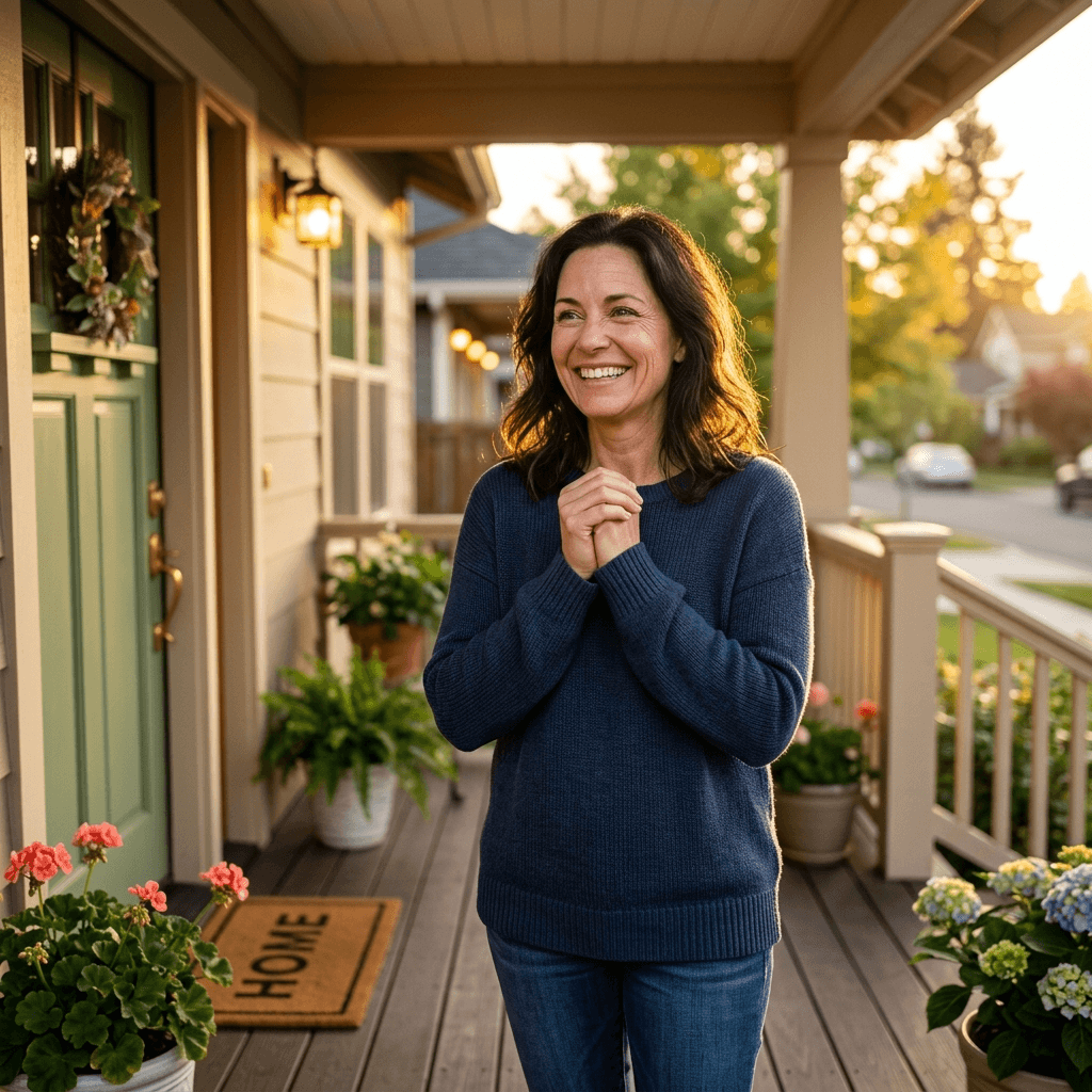 Cinematic portrait of a relieved homeowner smiling on their porch after an efficient stress-free removal service.