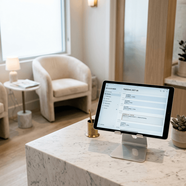 An elegant iPad displaying a medical spa appointment calendar with a glaring blank space from a canceled appointment, sitting on a white marble reception desk
