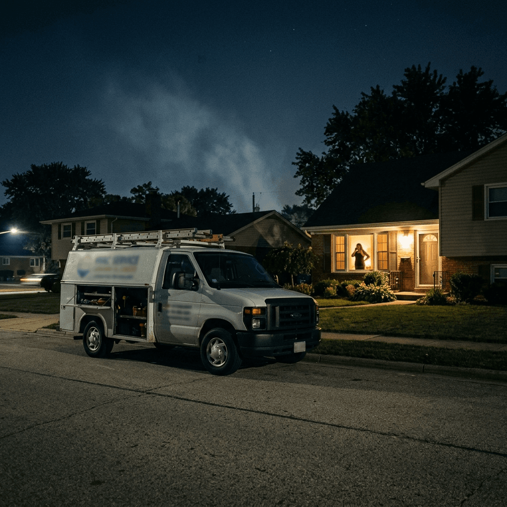 HVAC service truck parked outside a suburban home at night with a homeowner visible through a lit window holding a phone — the call nobody is answering