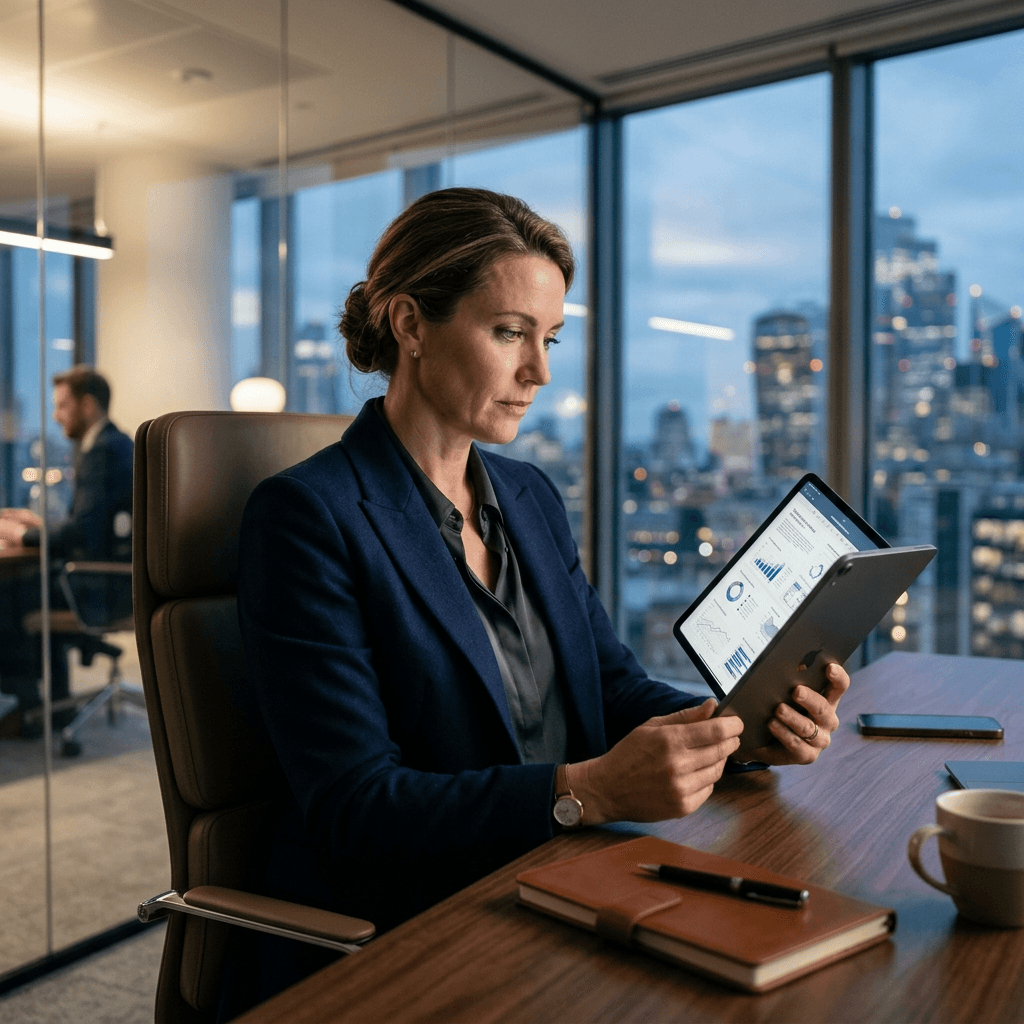 Cinematic portrait of a focused highly professional business executive reading a premium beautifully designed document on an iPad in a modern office.