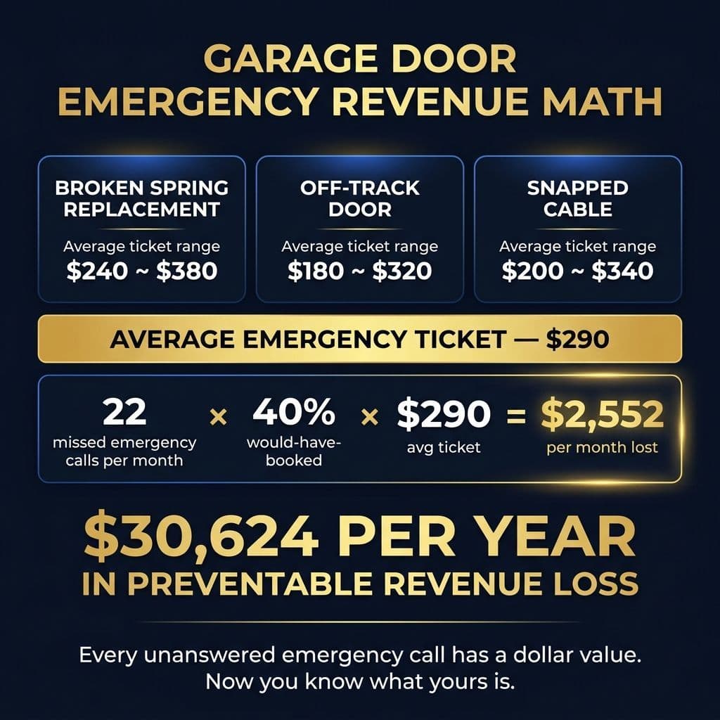 Garage Door Emergency Revenue Math: Broken Spring $240-$380, Off-Track Door $180-$320, Snapped Cable $200-$340. Average Emergency Ticket $290. 22 missed calls × 40% × $290 = $2,552/month lost = $30,624 PER YEAR IN PREVENTABLE REVENUE LOSS.