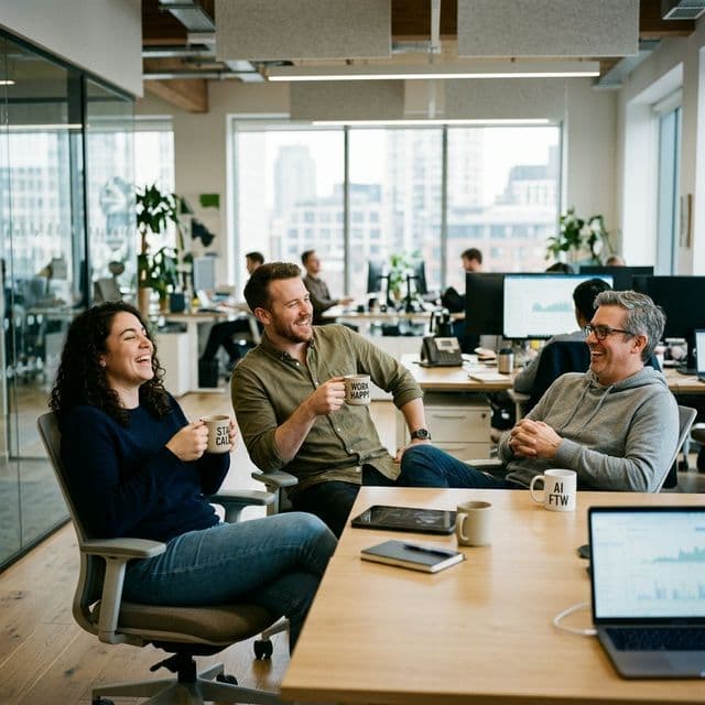 A candid, natural photo of a small team relaxed and laughing in a clean office, having offloaded their intake chaos to AI.
