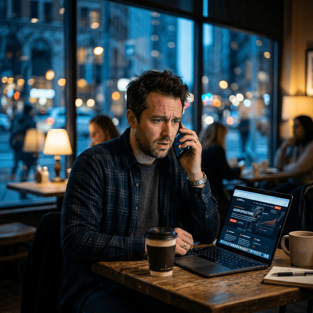 A worried business owner sitting at a coffee shop at night calling his own business phone number and reaching voicemail