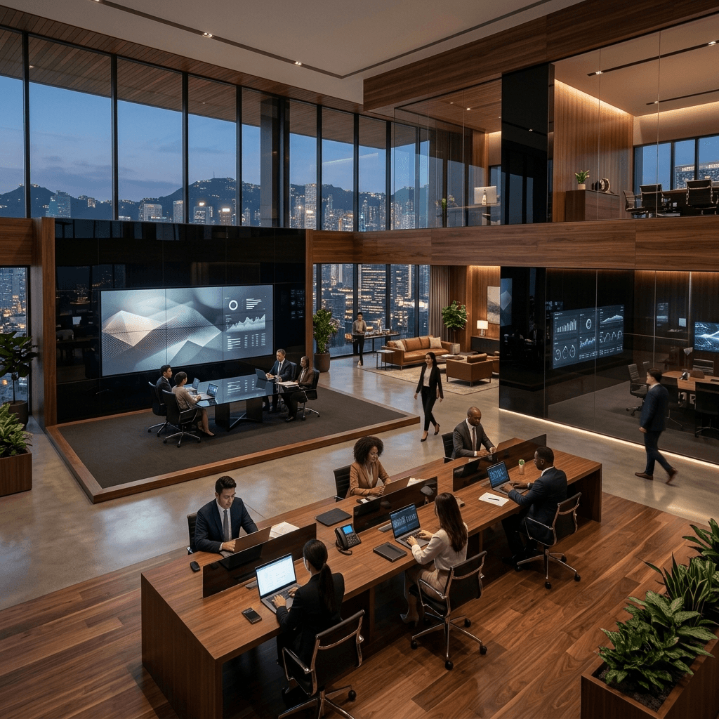 Cinematic wide shot of a breathtaking premium office environment with perfectly seamless integrated technology operating silently.