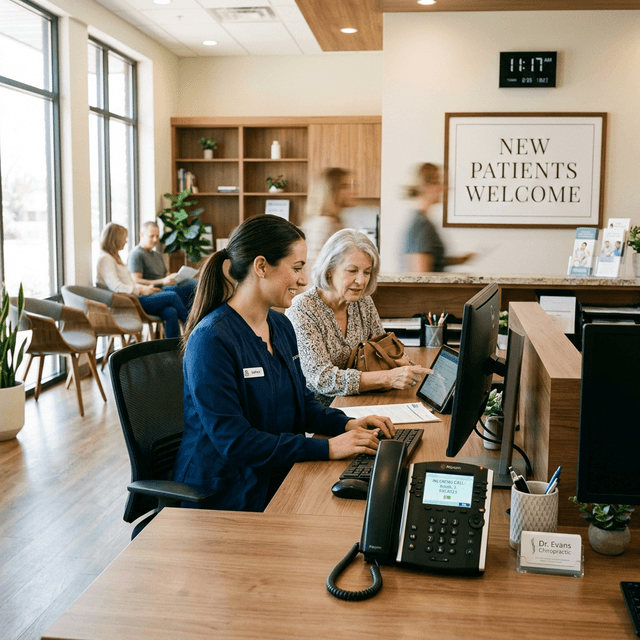 A chiropractic clinic reception desk with a New Patients Welcome sign on the wall as the phone shows an incoming call notification while the receptionist assists another patient